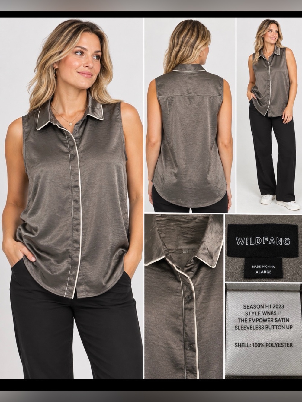 Wildfang The Empower Satin Sleeveless Button Up Top XL Gray